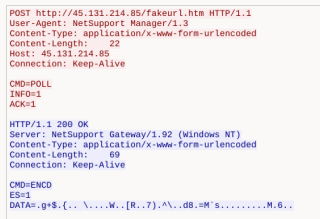 Wireshark Follow TCP Stream: a NetSupport Manager/1.3 client POSTs CMD=POLL to /fakeurl.htm, and the server answers as NetSupport Gateway/1.92 with encoded data.