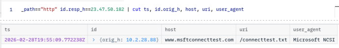 Zui: one HTTP request at 19:55:09 UTC from 10.2.28.88 to www.msftconnecttest.com for /connecttest.txt, user agent Microsoft NCSI.