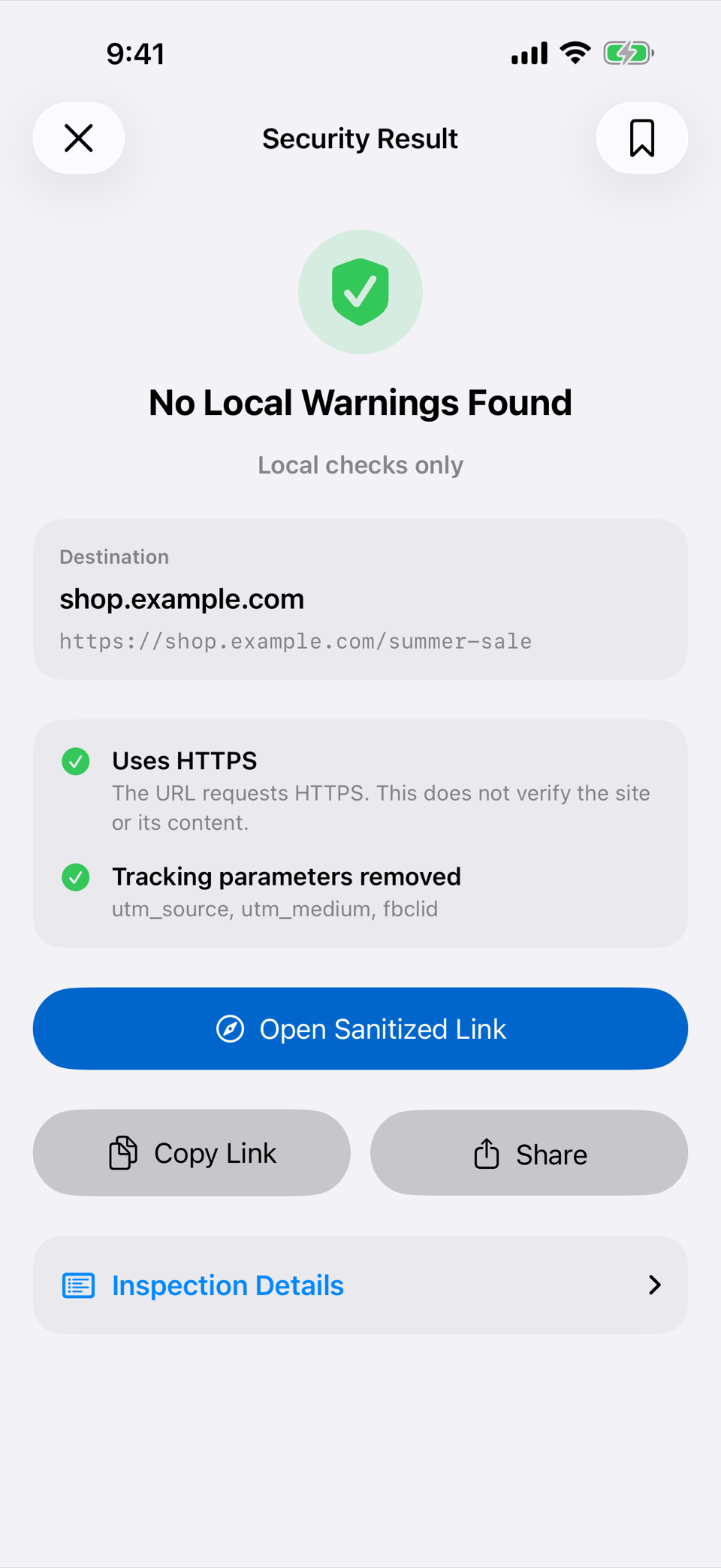 QR Scevio showing a sanitized link with tracking parameters removed and an Open Sanitized Link action